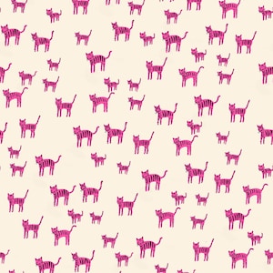 May include: A repeating pattern of pink tigers with black stripes on a cream background. The tigers are in various sizes and poses, creating a playful and whimsical design. This pattern is suitable for fabric, wallpaper, or other decorative applications.