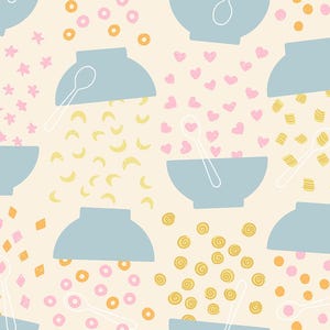 May include: A repeating pattern featuring light blue bowls, some with spoons, scattered among pink, yellow, and orange shapes on a cream background. The shapes include dots, stars, and hearts.