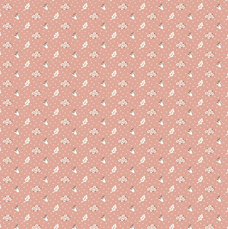 May include: A seamless pattern featuring a repeating design of white flowers and leaves on a light pink background.