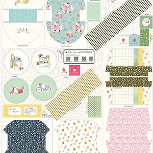 May include: A fabric panel featuring various designs for pouches and coasters. Designs include floral patterns, scooters, bicycles, and the text "I choose today." The panel also includes the text "Cottage Pouch Panel by Minki Kim."