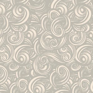 May include: A seamless pattern featuring swirling, stylized cream-colored waves against a muted gray background. The design is composed of overlapping, textured lines and circular shapes, creating a dynamic and flowing visual effect. The pattern is suitable for various design applications.