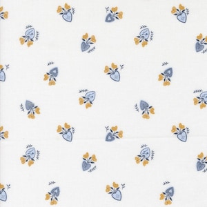May include: White fabric with a repeating pattern of yellow flowers and blue heart-shaped vases. The vases have a floral design and are surrounded by small green leaves. The overall design is a floral pattern.