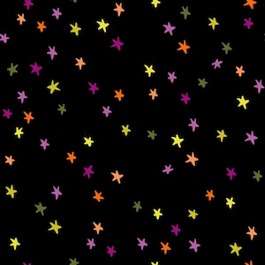 May include: A seamless pattern featuring hand-drawn style stars in vibrant shades of yellow, orange, purple, and olive green scattered across a solid black background. The stars vary in size and orientation, creating a dense, repeating celestial design.