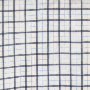 May include: Close-up of a white fabric with a grid pattern. The grid is composed of dark navy blue and light blue lines, creating a checkered design. The fabric appears to be a woven material, possibly cotton or linen.
