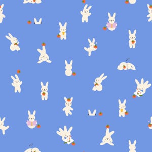 May include: A seamless pattern on a blue background featuring small white rabbits in various poses, including reading, sleeping, and balancing red tomatoes. Some rabbits are shown with glasses, while others are upside down or holding small items.