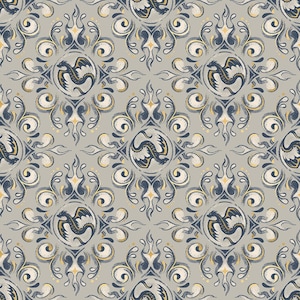 May include: A repeating pattern featuring a stylized dragon within a circular frame, set against a gray backdrop. The design incorporates ornate scrollwork and flame-like elements in navy blue, cream, and gold.