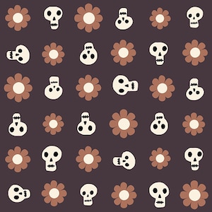 May include: A seamless pattern featuring alternating white skulls and brown flowers on a dark brown background. The skulls have two black eyes and a black mouth. The flowers have five petals.