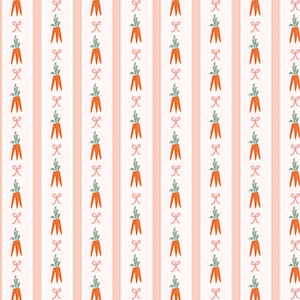 May include: A seamless pattern featuring a repeating design of orange carrots with green tops and pink bows on a white background with pink stripes.