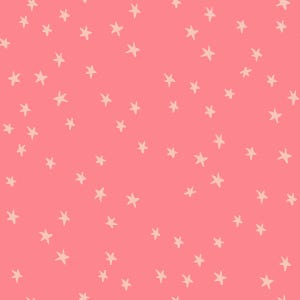 May include: A repeating pattern featuring small, hand-drawn style stars in a light cream color scattered across a solid, vibrant coral pink background. The stars are oriented in various directions, creating a consistent and uniform graphic design.