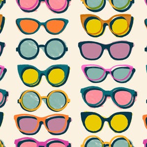 May include: A pattern of colorful sunglasses in various shapes and colors, including pink, yellow, orange, and blue. The sunglasses are arranged on a cream-colored background, creating a vibrant and stylish design.