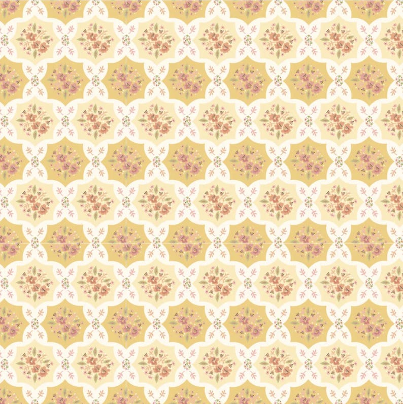 May include: A seamless pattern featuring a repeating design of floral bouquets in shades of pink and orange, set against a yellow background. The bouquets are surrounded by a white, intricate, geometric pattern.