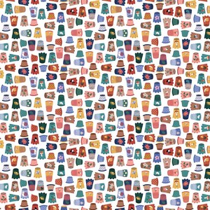 May include: A repeating pattern of colorful thimbles on a white background. The thimbles feature various designs, including flowers, dots, and geometric shapes, in shades of red, blue, green, and yellow. The thimbles are arranged in a dense, all-over print.