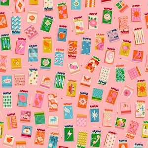 May include: A pattern of colorful matchboxes with various designs, including flowers, fruits, and geometric shapes, against a pink background. The matchboxes are in shades of blue, green, orange, and pink.