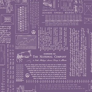 May include: A patterned purple fabric with white text and illustrations of typewriters, graphs, and text. The text includes "The National Company" and "Incorporated 1900". The design has a vintage, educational theme.