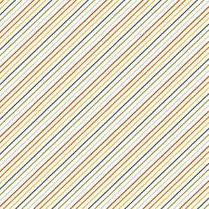May include: A repeating pattern of diagonal stripes in various colors, including orange, yellow, green, and blue, against a cream-colored background. The stripes are evenly spaced and create a visually appealing design.