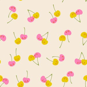 May include: A repeating pattern of cartoon cherries in pink and yellow with smiling faces and green stems. The cherries are set against a cream-colored background, creating a playful and cheerful design.