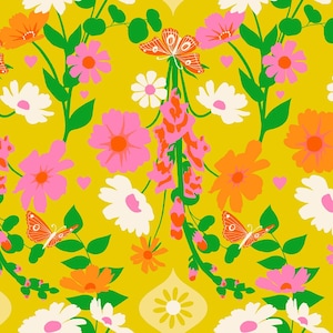 May include: A vibrant floral pattern featuring orange butterflies, pink and orange flowers, white daisies, and green leaves on a yellow background. The design includes small pink hearts and decorative shapes at the bottom, creating a cheerful, retro aesthetic.