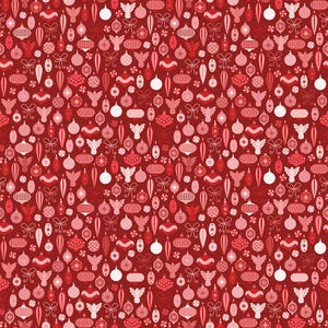 May include: A repeating pattern of Christmas ornaments in shades of red and white. The design includes various shapes like baubles, angels, bows, and teardrops, creating a festive holiday theme.