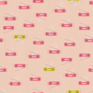 May include: A repeating pattern on a light pink background featuring illustrated boomboxes in shades of pink and yellow. Each boombox includes a long antenna, two speakers, a cassette deck, and small musical notes floating around the device.