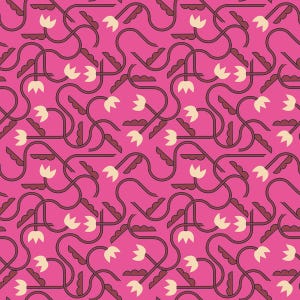 May include: A seamless pattern featuring a repeating design of stylized flowers with curved stems in a light beige color on a bright pink background.