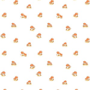 May include: White background with a repeating pattern of orange and yellow mushrooms. The mushrooms have rounded caps and are clustered in small groups, creating a whimsical and nature-inspired design.