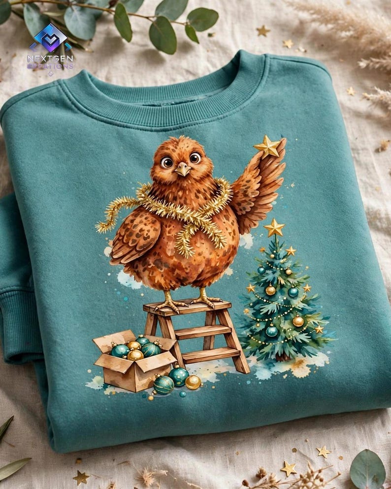 PNG de gallina navideña – Gallina de acuarela en una escalera decorando un mini árbol, clipart de sublimación de árbol de Navidad estilo granja, descarga digital imagen 2