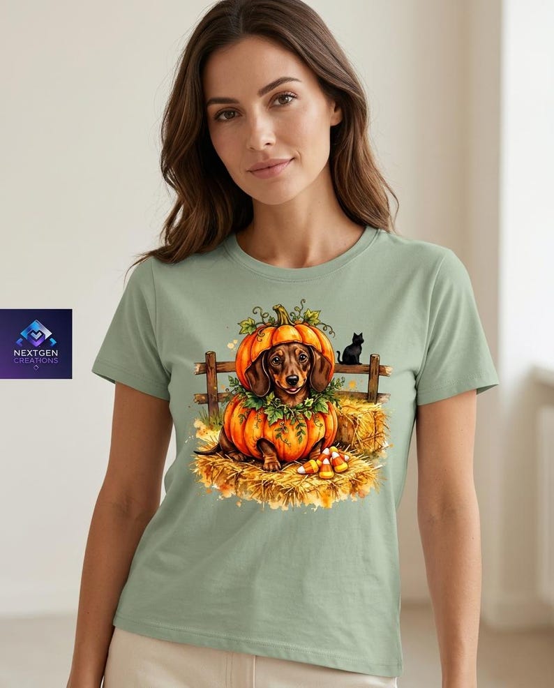 May include: A sage green t-shirt featuring a graphic print of a brown dachshund sitting inside a large orange pumpkin. The scene includes a wooden fence, a small black cat, hay bales, and candy corn. The logo NEXTGEN CREATIONS is visible.