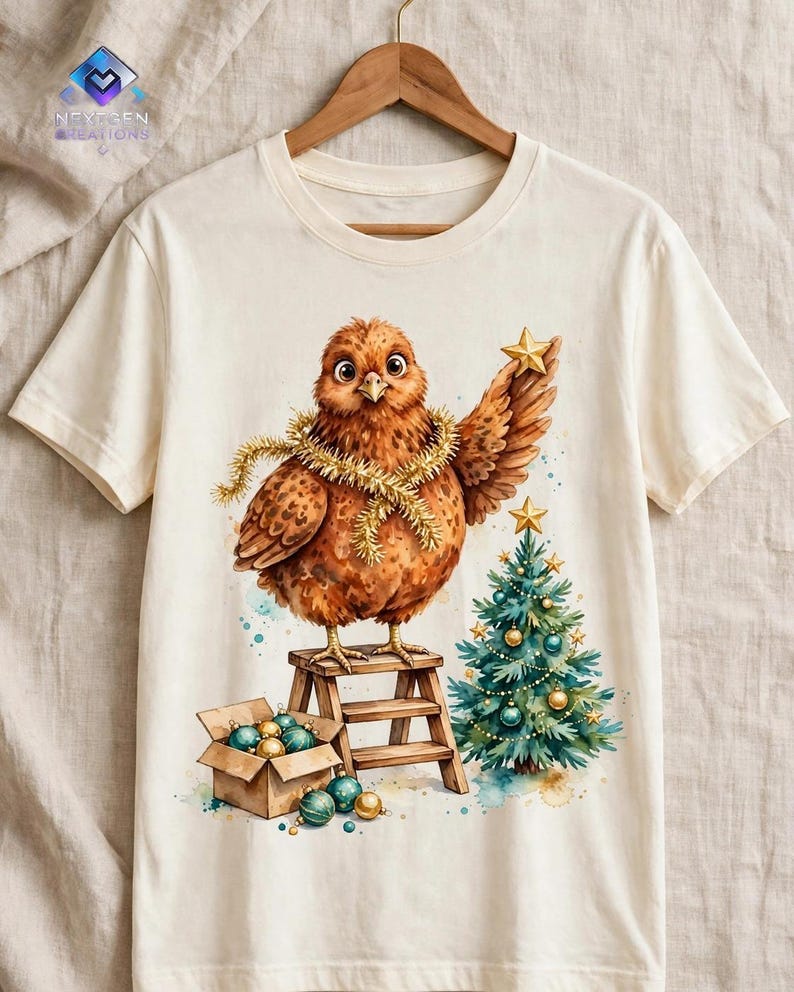 PNG de gallina navideña – Gallina de acuarela en una escalera decorando un mini árbol, clipart de sublimación de árbol de Navidad estilo granja, descarga digital imagen 4