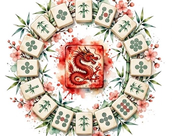Puede incluir: Una ficha de mahjong roja central con una ilustración de dragón rodeada por una disposición circular de varias fichas de mahjong, tallos de bambú verde y flores de cerezo rosadas sobre un fondo blanco.