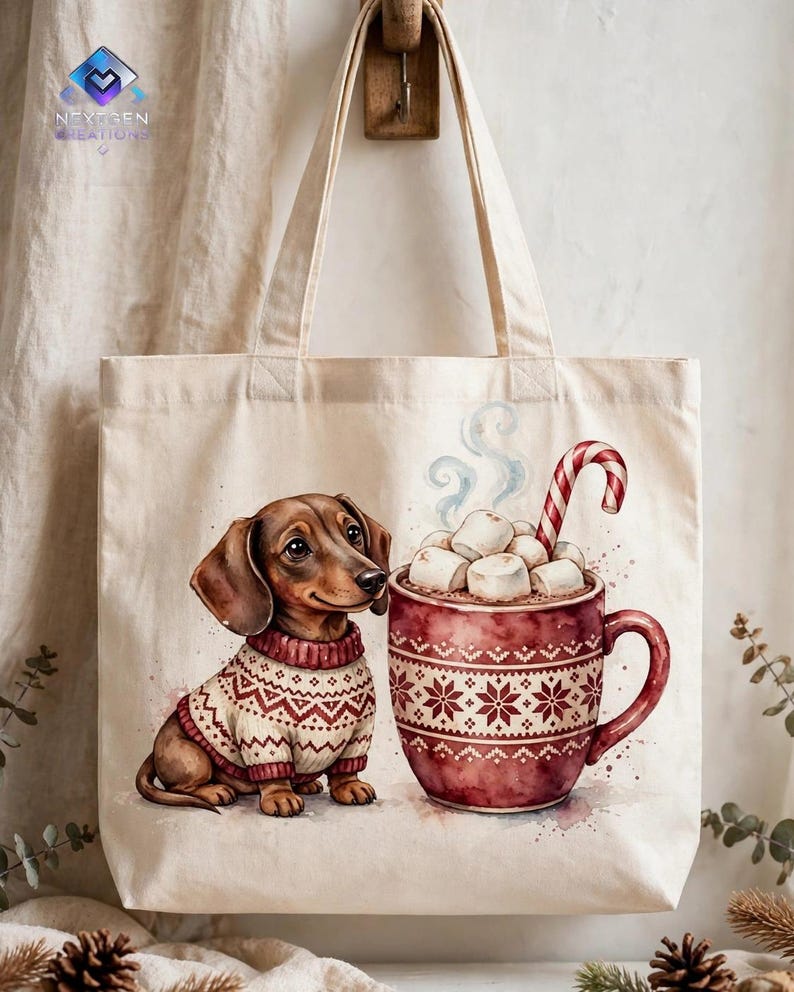 May include: A beige canvas tote bag featuring a watercolor illustration of a brown dachshund wearing a cream and red patterned sweater sitting next to a large red mug filled with marshmallows and a candy cane.