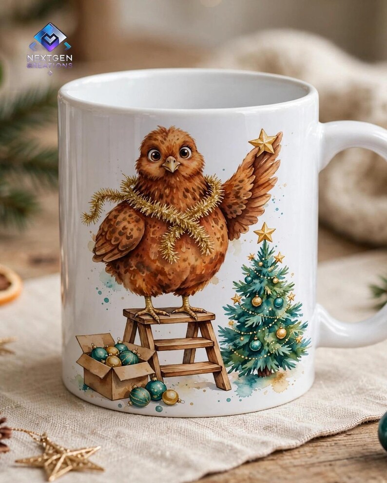PNG de gallina navideña – Gallina de acuarela en una escalera decorando un mini árbol, clipart de sublimación de árbol de Navidad estilo granja, descarga digital imagen 3