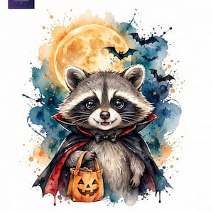 May include: A watercolor illustration of a raccoon wearing a black cape with a red lining and a bow tie. The raccoon holds an orange jack-o'-lantern candy bucket. Behind the raccoon is a large yellow moon and several black bats.
