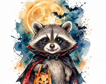 Puede incluir: Una ilustración en acuarela de un mapache que lleva una capa negra con forro rojo y una pajarita. El mapache sostiene un cubo de dulces naranja con forma de calabaza. Detrás del mapache hay una gran luna amarilla y murciélagos negros.