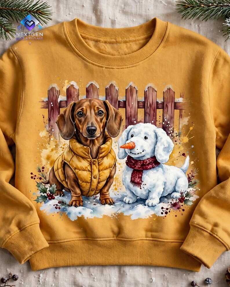 Dachshund Christmas PNG, Watercolour Dachshund in Puffer Vest with Snow Dog, Cute Winter Dog Sublimation Design, Instant Download image 5