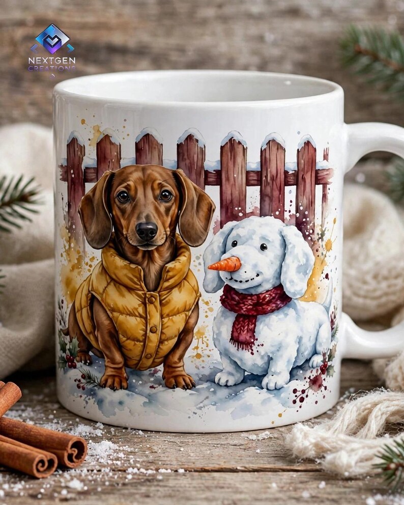 Dachshund Christmas PNG, Watercolour Dachshund in Puffer Vest with Snow Dog, Cute Winter Dog Sublimation Design, Instant Download image 6