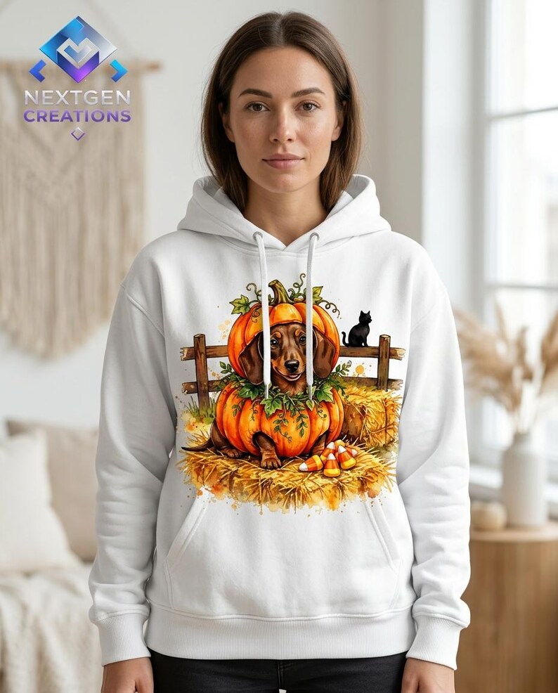 May include: A white hooded sweatshirt featuring a graphic print of a brown dachshund sitting inside a large orange pumpkin. The scene includes a wooden fence, hay bales, green leaves, candy corn, and a small black cat silhouette.