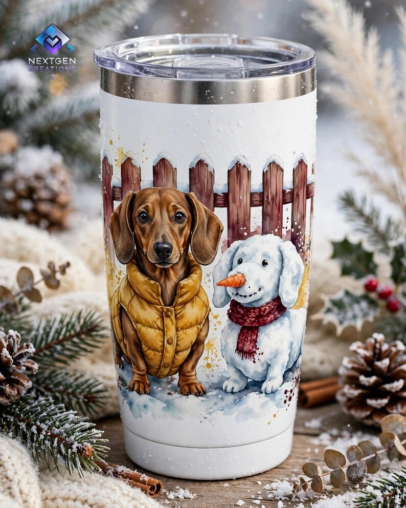 Dachshund Christmas PNG, Watercolour Dachshund in Puffer Vest with Snow Dog, Cute Winter Dog Sublimation Design, Instant Download image 4