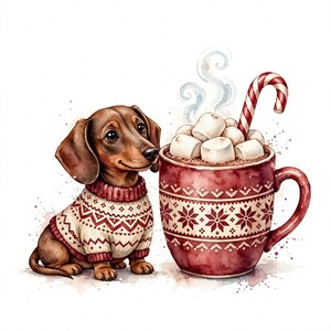 May include: A brown dachshund wearing a cream and red patterned sweater sits beside a large red mug filled with hot cocoa, white marshmallows, and a red and white striped candy cane, all rendered in a watercolor illustration style.