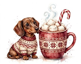 PNG de perro salchicha navideño / Diseño de suéter de chocolate caliente para sublimación / Camiseta navideña para perro adorable PNG / Descarga digital