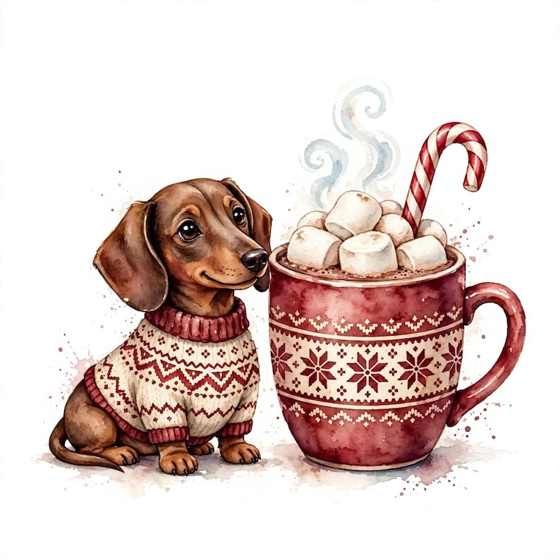 May include: A brown dachshund wearing a cream and red patterned sweater sits beside a large red mug filled with hot cocoa, white marshmallows, and a red and white striped candy cane, all rendered in a watercolor illustration style.