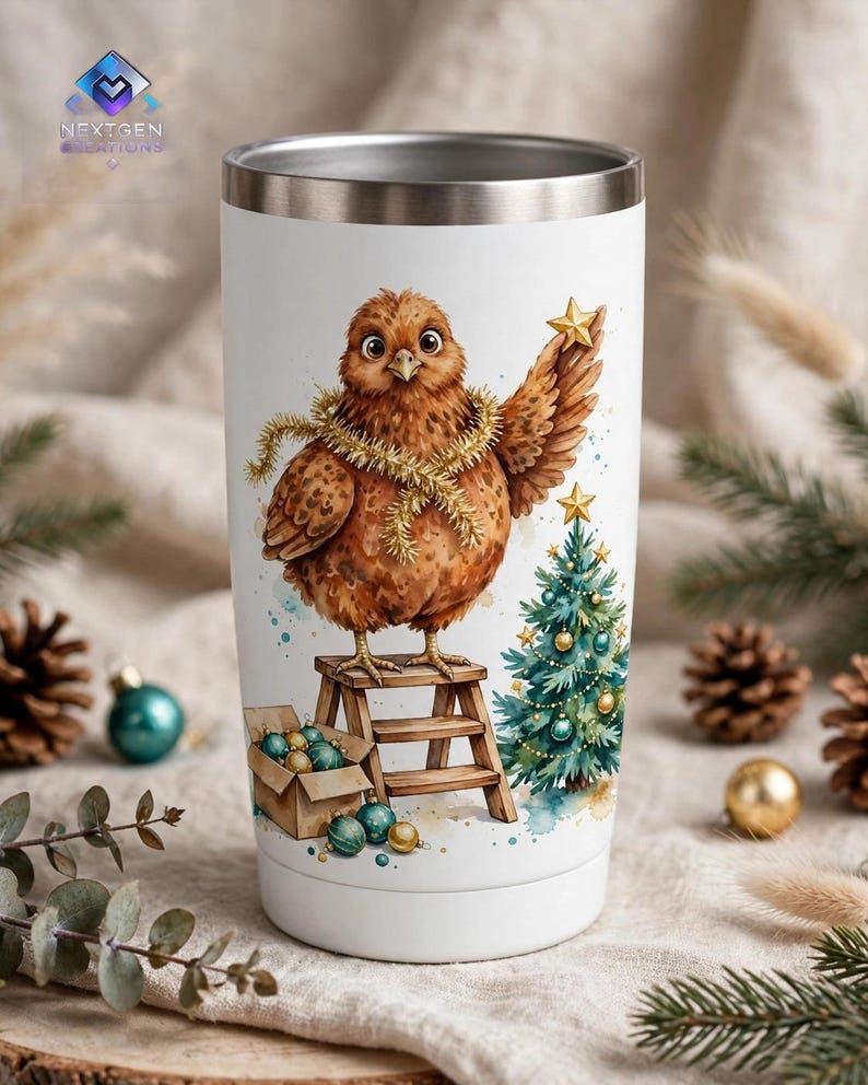 PNG de gallina navideña – Gallina de acuarela en una escalera decorando un mini árbol, clipart de sublimación de árbol de Navidad estilo granja, descarga digital imagen 6