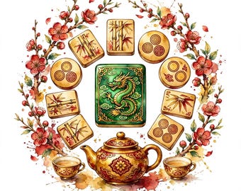 Puede incluir: Una ficha de mahjong verde central con una ilustración de dragón rodeada de varias fichas de bambú y circulares, una tetera dorada y dos tazas pequeñas, enmarcadas por un arreglo circular de ramas de flores de ciruelo rojas.