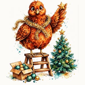 PNG de gallina navideña – Gallina de acuarela en una escalera decorando un mini árbol, clipart de sublimación de árbol de Navidad estilo granja, descarga digital imagen 1