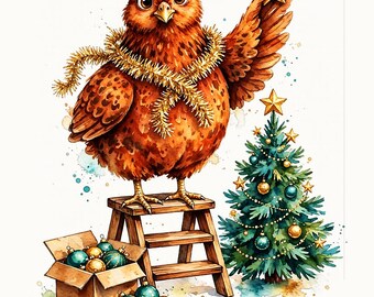 Chicken Christmas PNG – Watercolour Hen on Step Ladder Decorating Mini Tree, Tree Star Farmhouse Sublimation Clipart, Digital Download