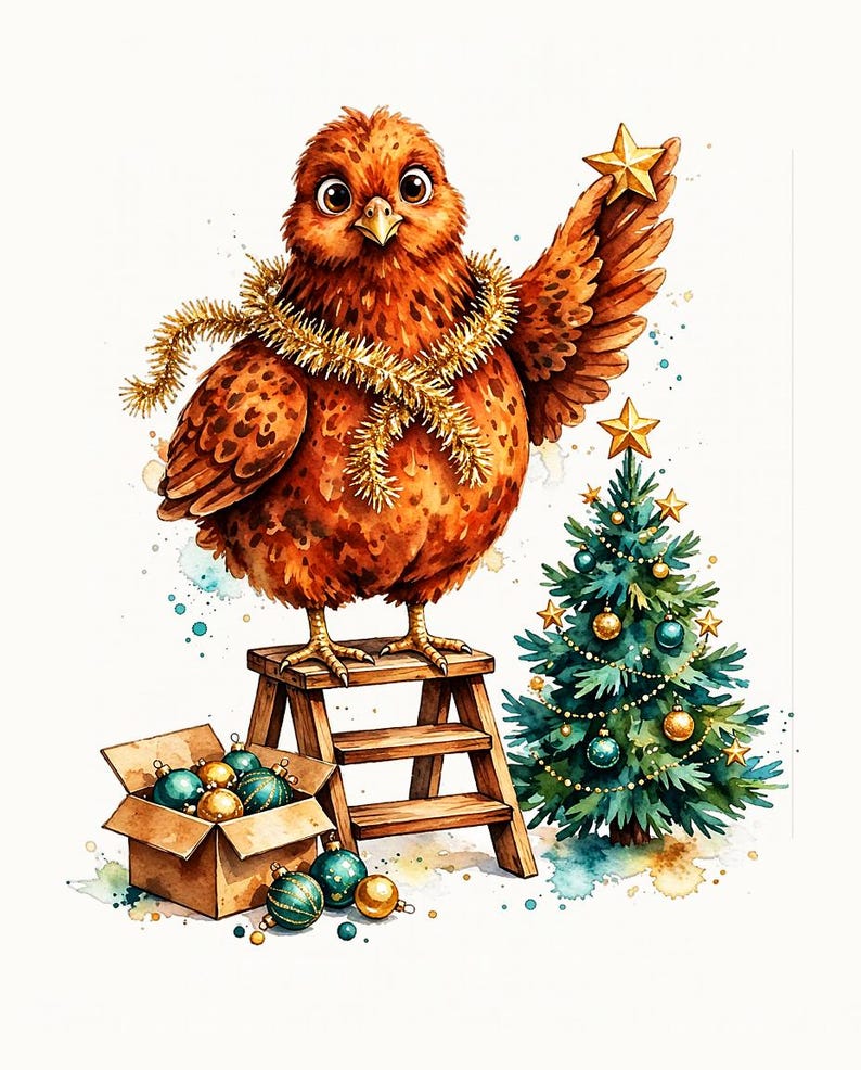 PNG de gallina navideña – Gallina de acuarela en una escalera decorando un mini árbol, clipart de sublimación de árbol de Navidad estilo granja, descarga digital imagen 1