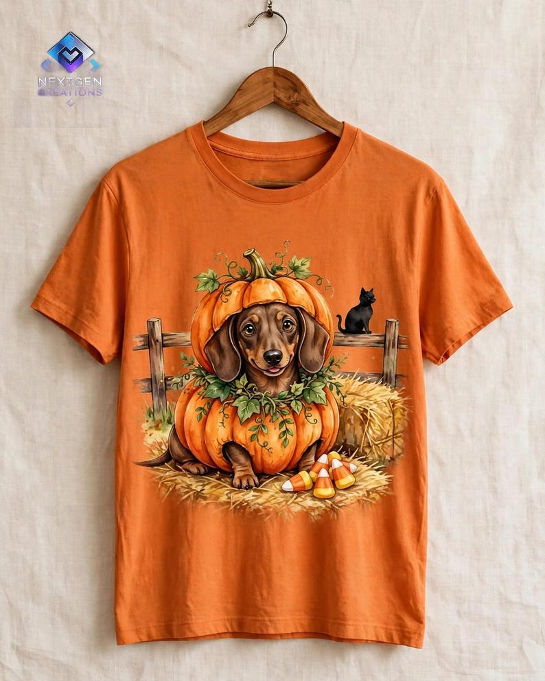 May include: An orange short-sleeved t-shirt featuring a graphic of a brown dachshund sitting inside a large pumpkin. The scene includes a wooden fence, hay, a small black cat, and candy corn. The shirt hangs on a wooden hanger.