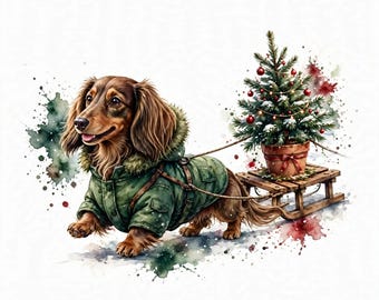 Puede incluir: Un perro salchicha de pelo largo marrón con un abrigo de invierno verde y capucha con borde de piel, tirando de un trineo de madera que lleva un pequeño árbol de Navidad en maceta decorado con adornos rojos y luces, sobre un fondo de acuarela.