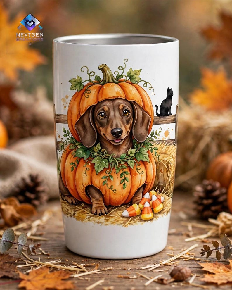 May include: A white cylindrical tumbler featuring a graphic illustration of a brown dachshund dog sitting inside a carved orange pumpkin. The design includes green ivy leaves, a small black cat on a wooden fence, and scattered candy corn.