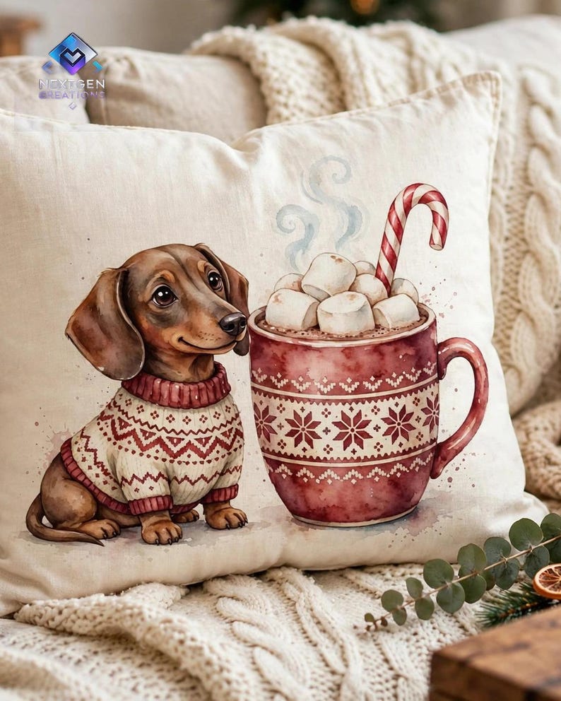 May include: A cream-colored throw pillow featuring a watercolor illustration of a brown dachshund wearing a cream and red patterned sweater sitting next to a large red mug filled with hot cocoa, white marshmallows, and a candy cane.