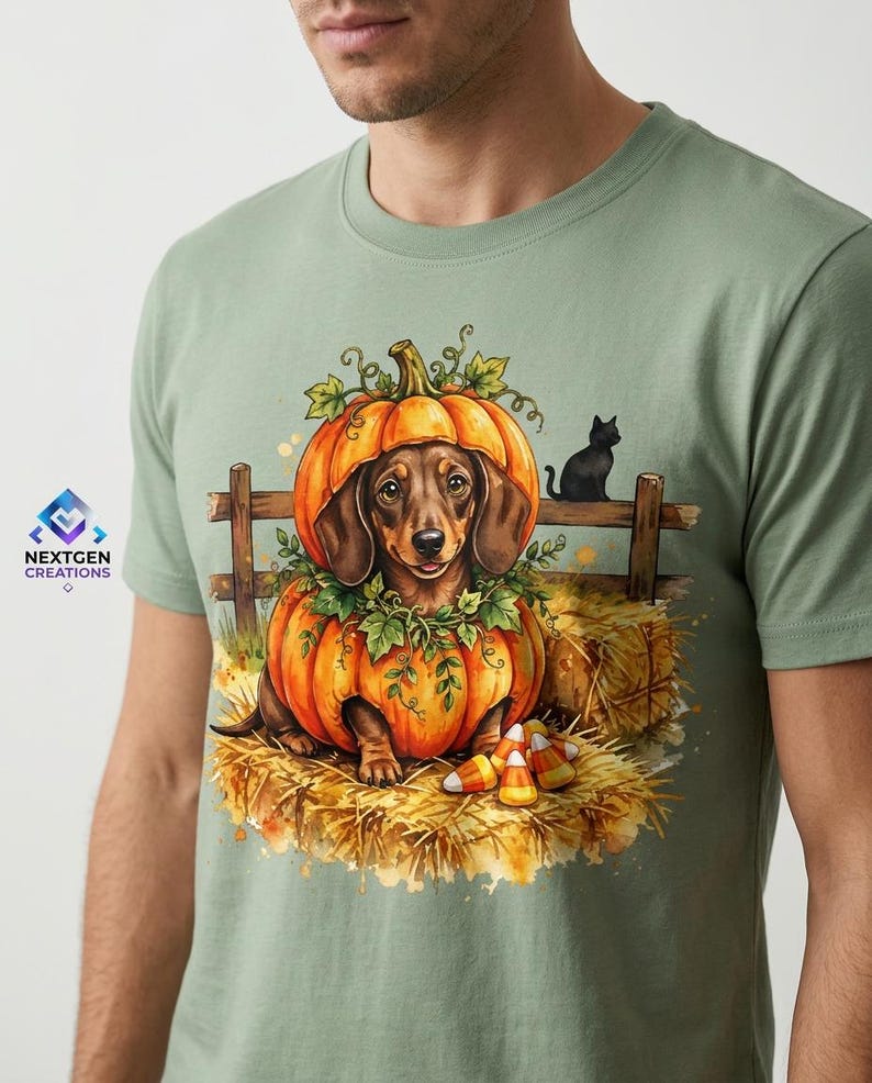 May include: A sage green t-shirt featuring a graphic of a brown dachshund sitting inside a carved orange pumpkin. The scene includes a wooden fence, hay bales, a black cat, and candy corn. The text NEXTGEN CREATIONS is printed on the left.